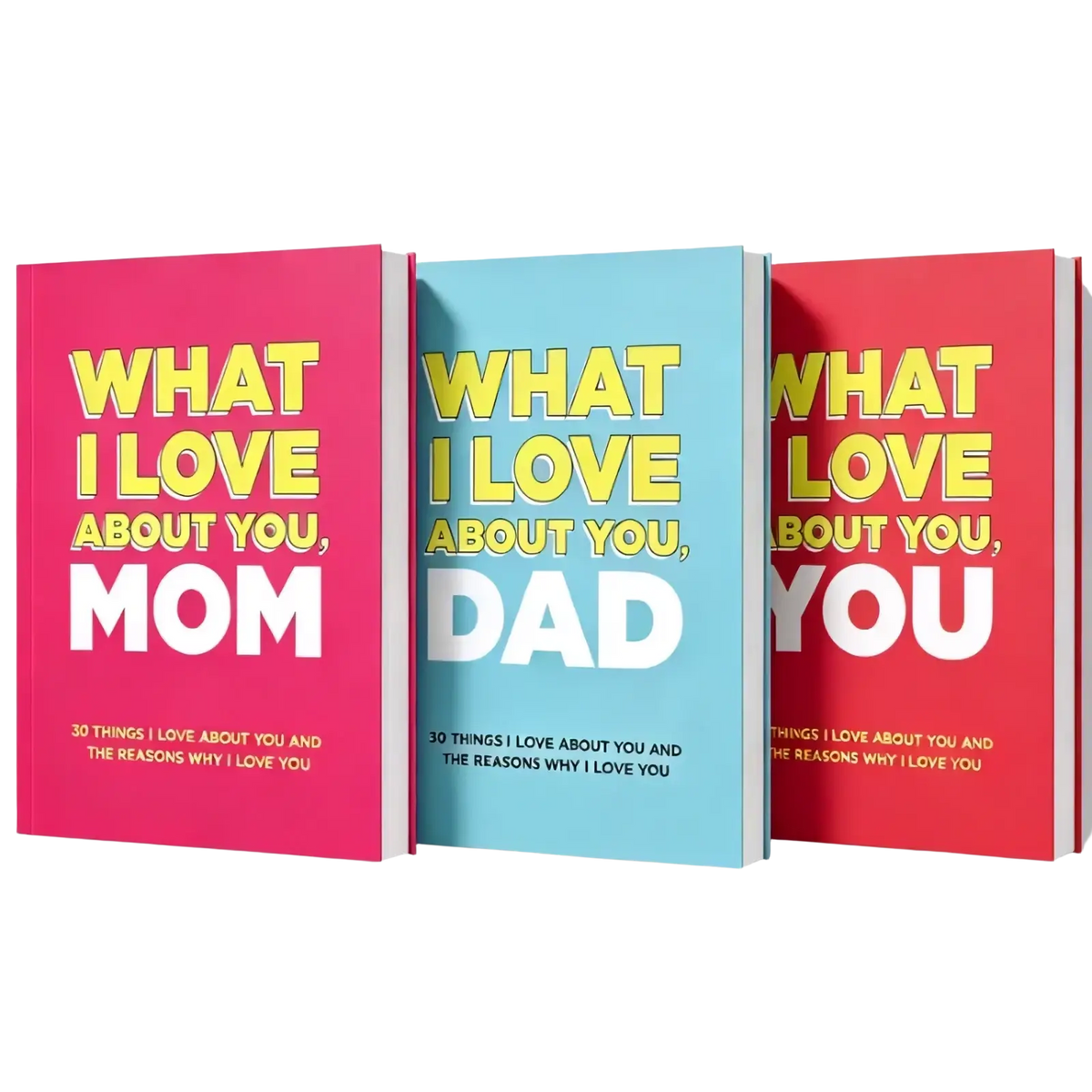 Three hardcover fill in love books for mom dad and you with bold pink blue and red covers and yellow white text