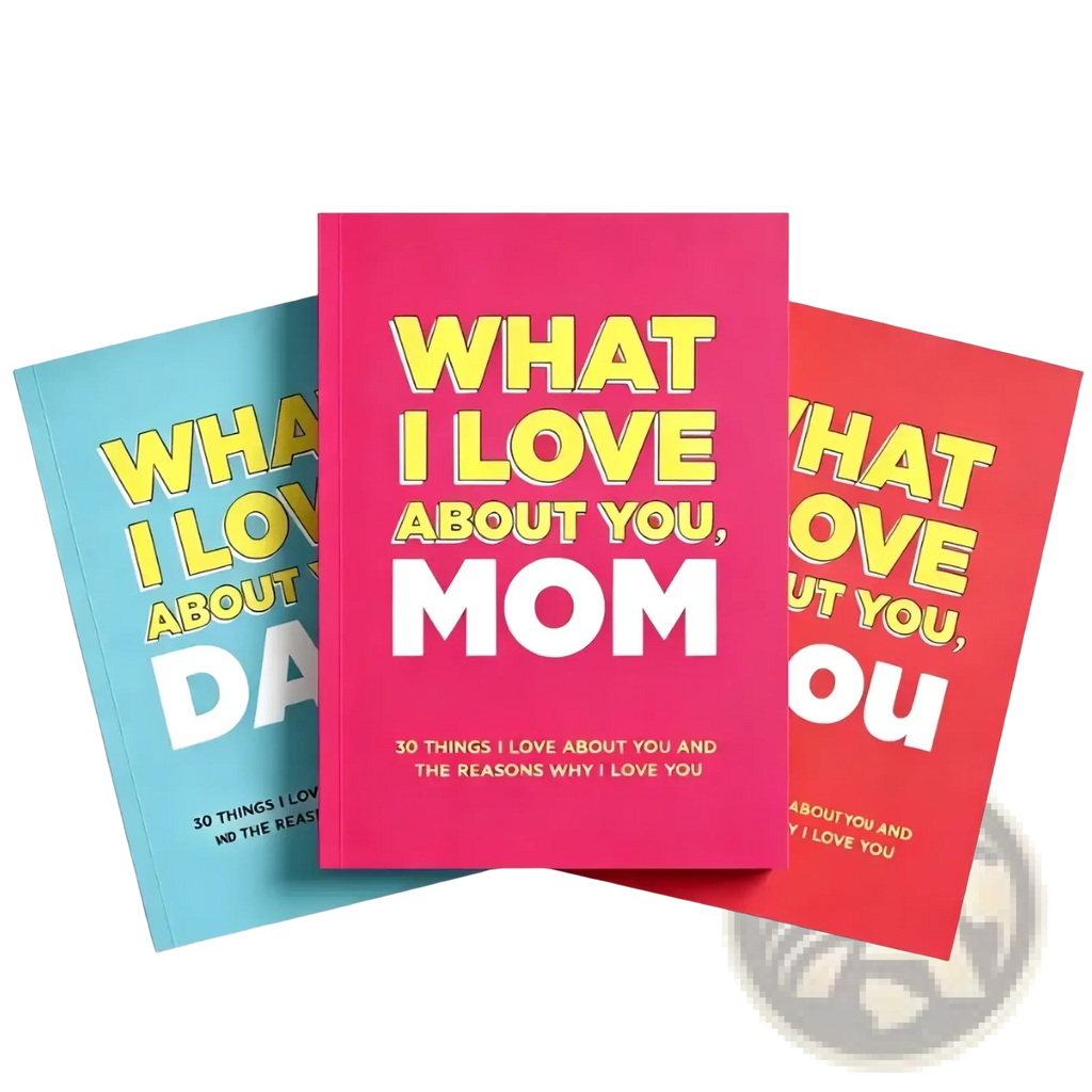 Vibrant pink hardcover mom dad fill in love book with bold yellow and white text what i love about you mom on the cover