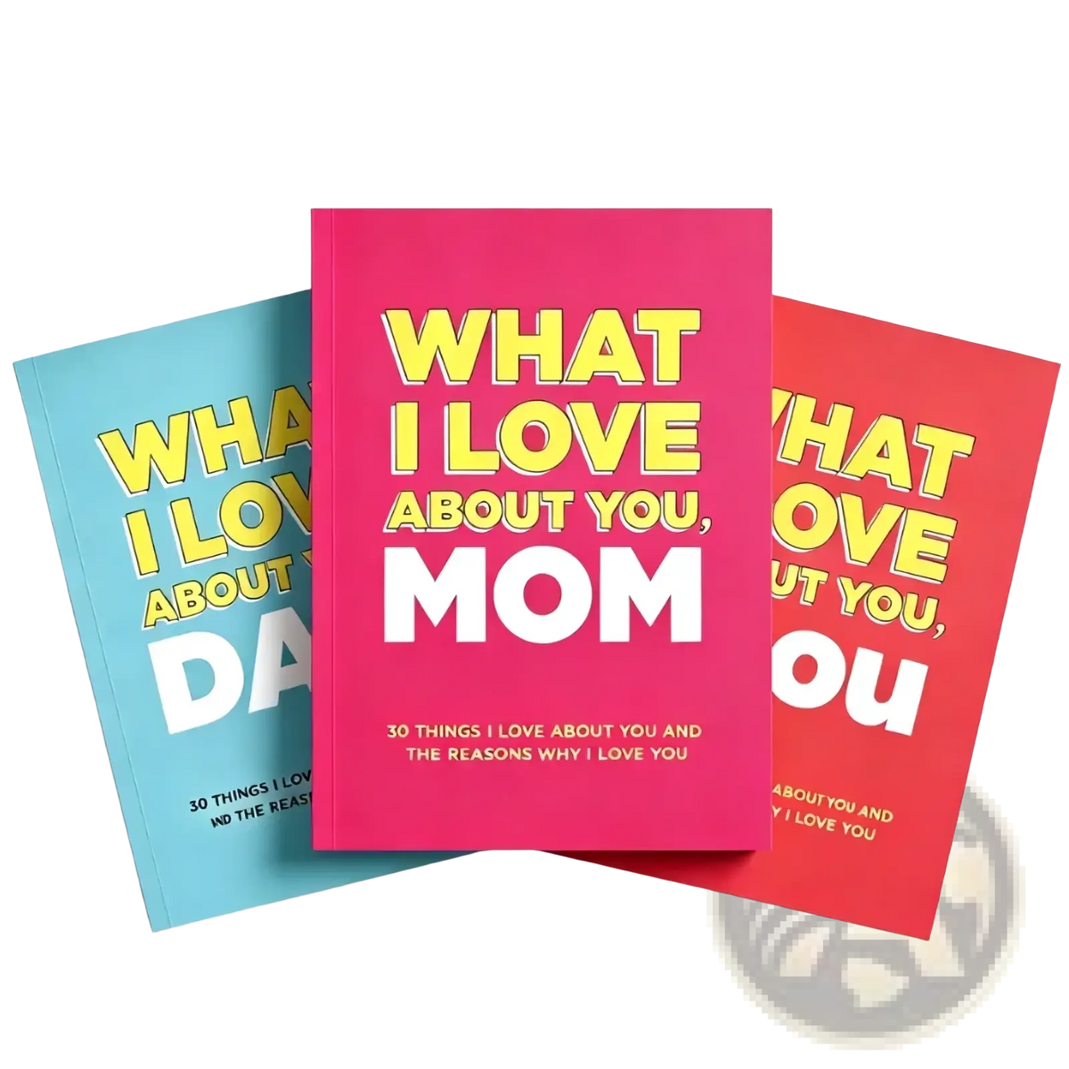 Vibrant pink hardcover mom dad fill in love book with bold yellow and white text what i love about you mom on the cover