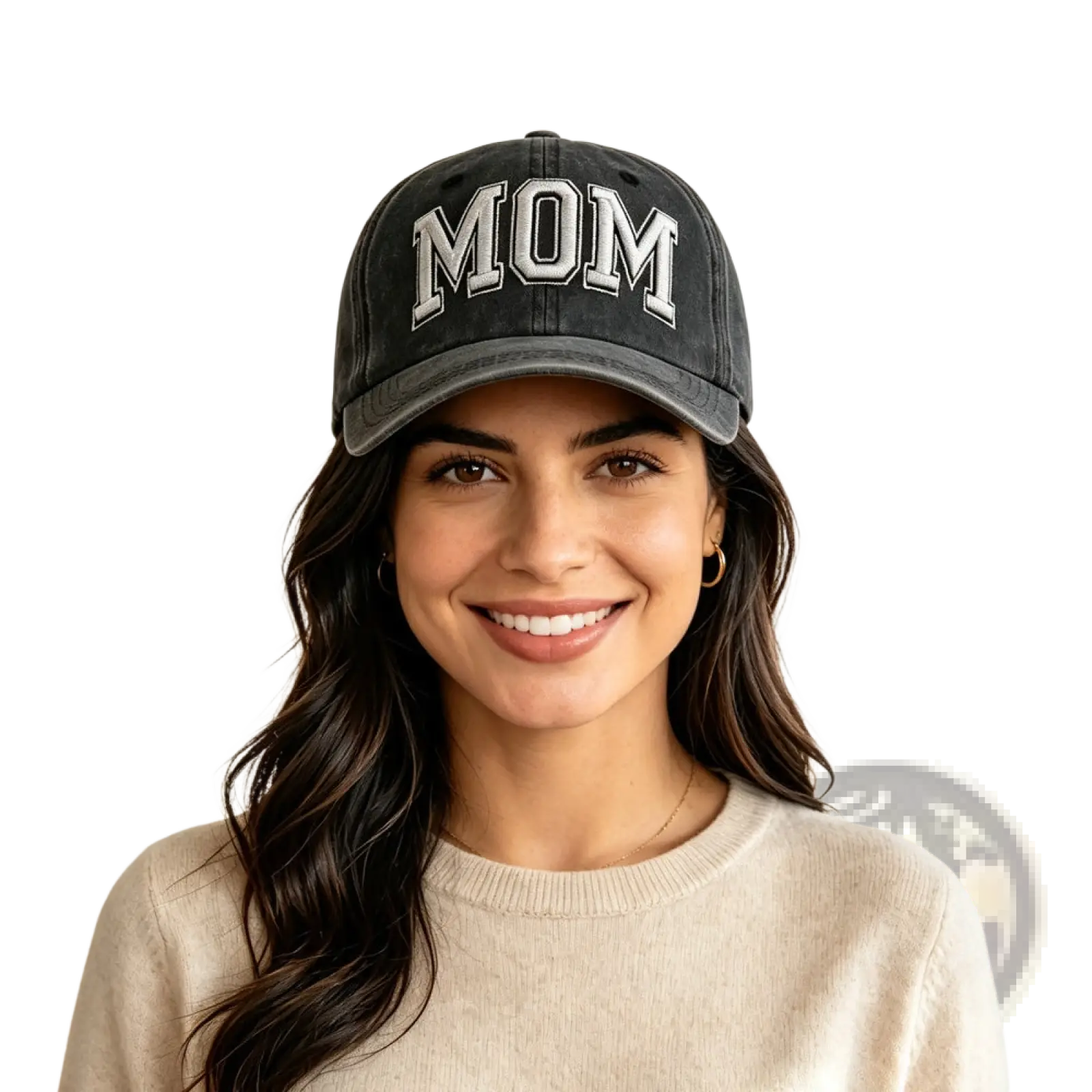 Black distressed vintage washed baseball cap with white embroidered mom lettering on the front panel