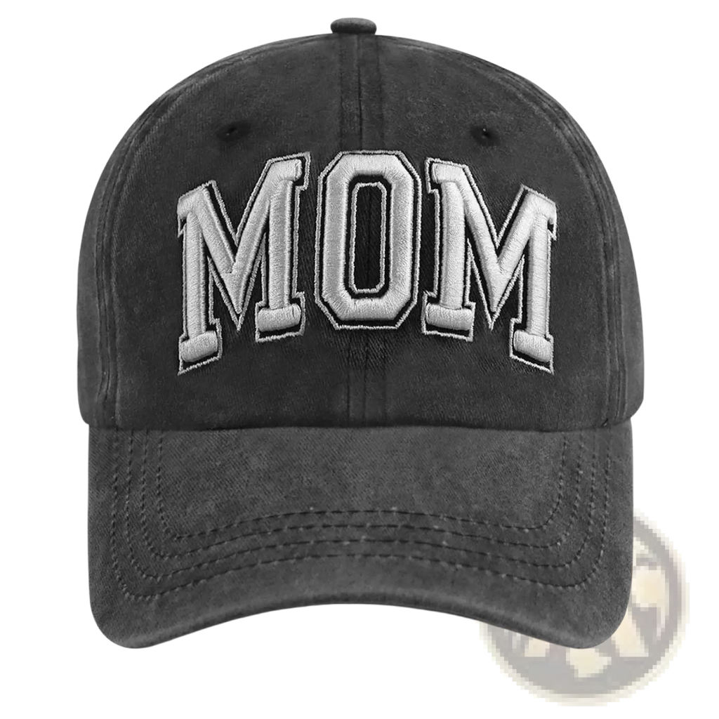Black distressed vintage washed baseball cap with mom embroidered in silver thread on the front panel