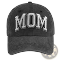 Black distressed vintage washed baseball cap with mom embroidered in silver thread on the front panel