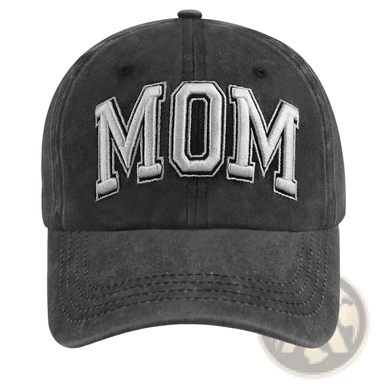 Black distressed vintage washed baseball cap with mom embroidered in silver thread on the front panel