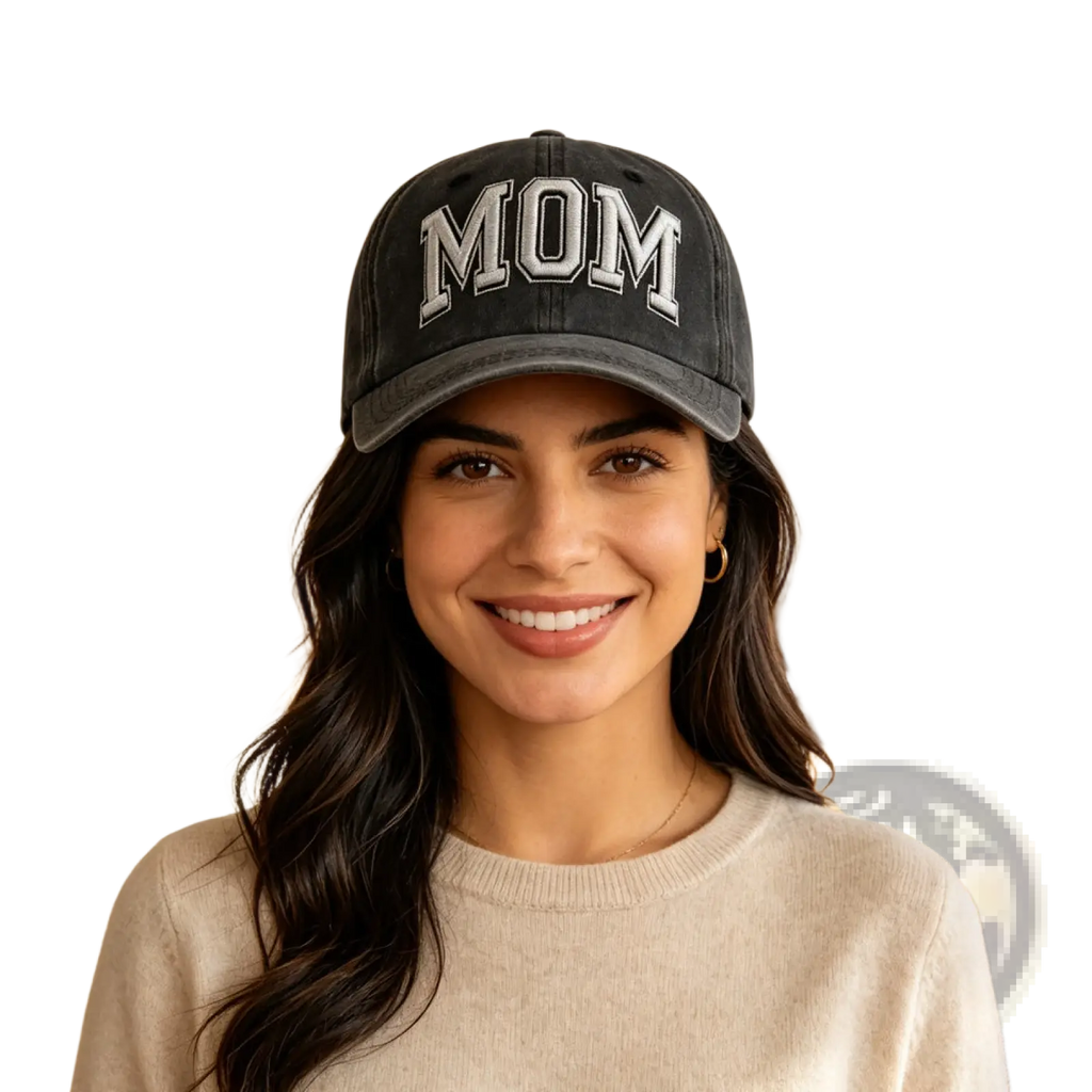 Black vintage washed baseball cap with mom embroidered in white lettering on the front panel