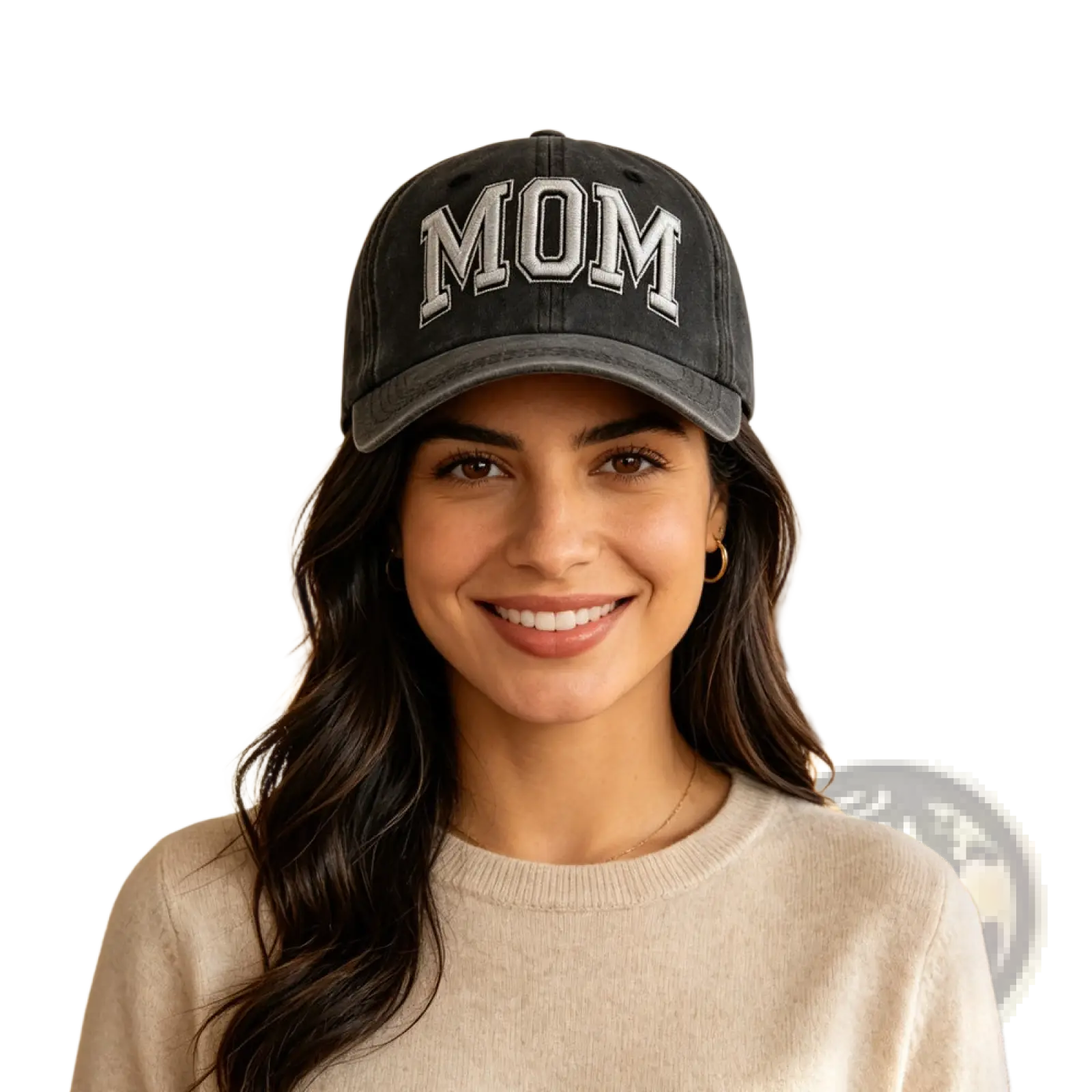 Black vintage washed baseball cap with mom embroidered in white lettering on the front panel