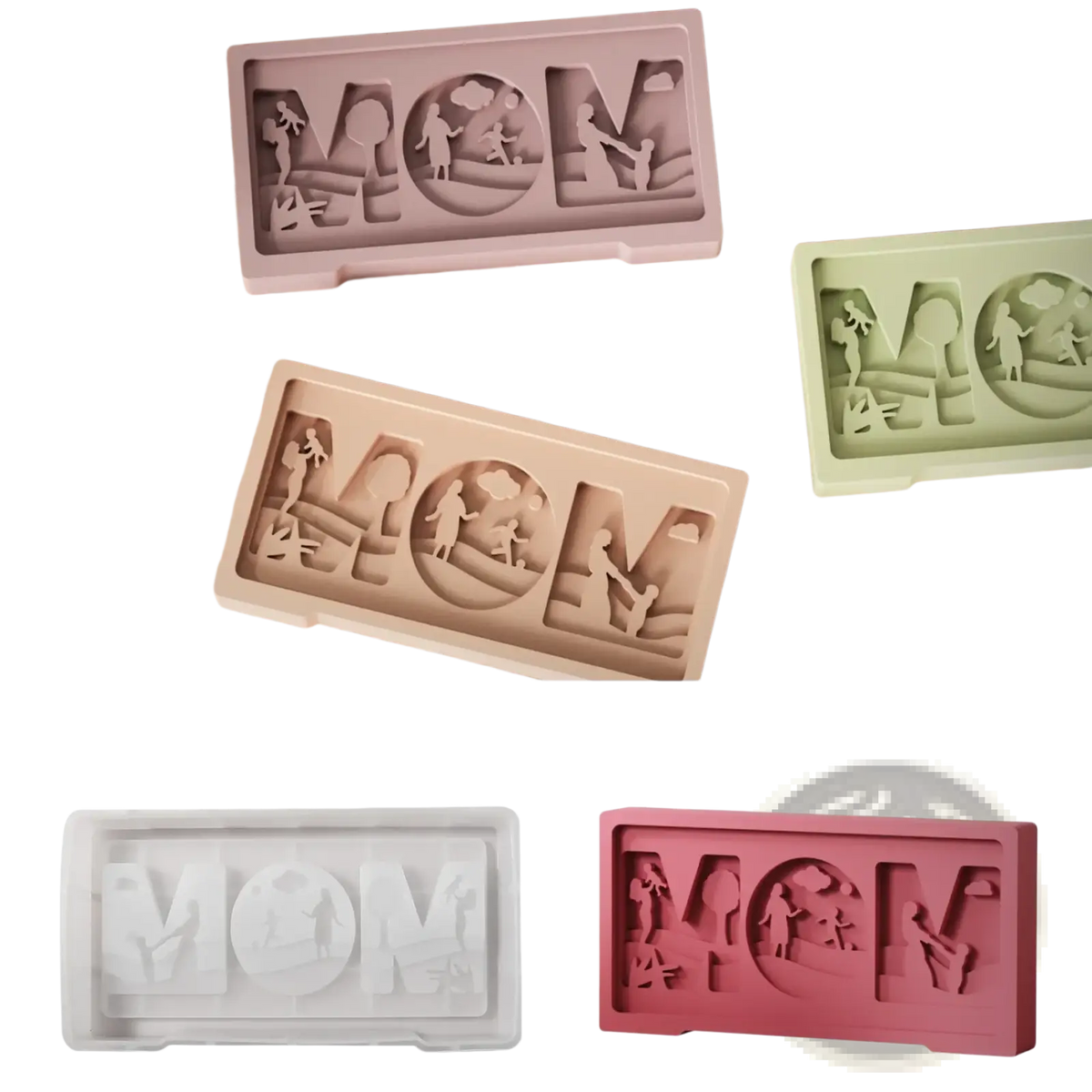 Pastel-colored silicone mom letter mold with intricate family scene cut-outs for mother child crafts