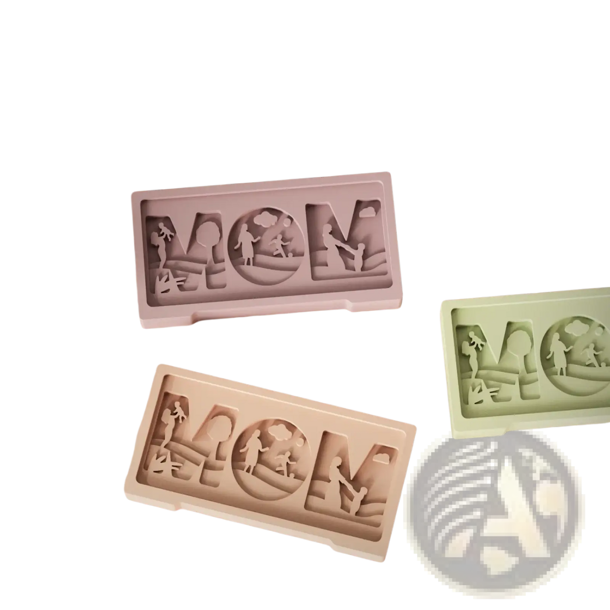 Pastel pink and mint green silicone mom letter mold with intricate family scene cutouts for mother child crafts