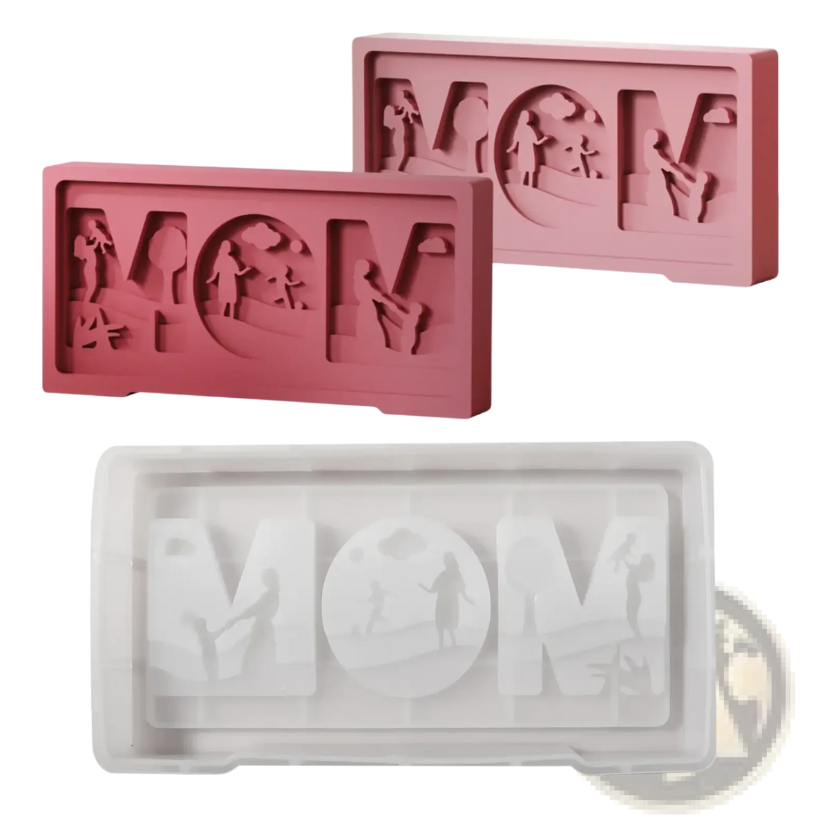 Pink and clear silicone mom letter mold with family scene cutouts for mother child crafts and resin art projects
