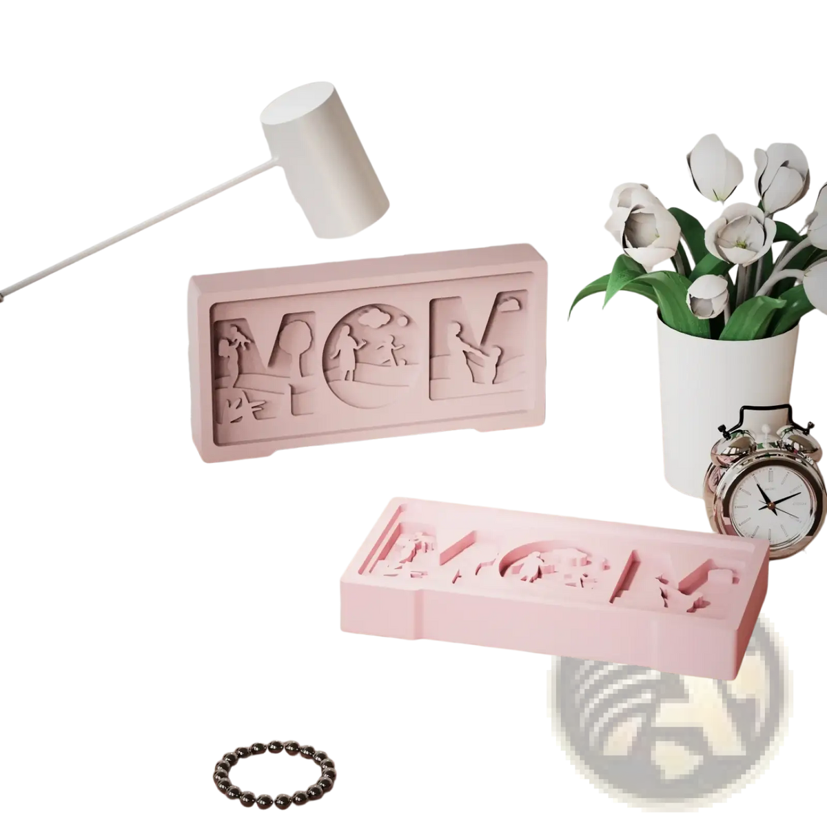 Pink mom letter silicone mold with raised lettering and family silhouette cut-outs for mother child crafts