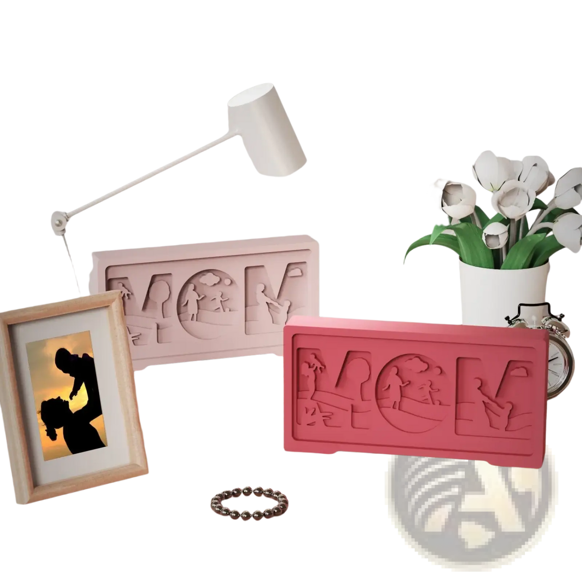 Pink rectangular silicone mold with mom letter and mother child cut-out silhouettes for craft projects