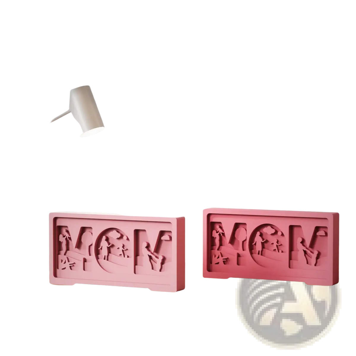 Pink rectangular mom letter silicone mold with carved mother child family scene bookends for crafting use