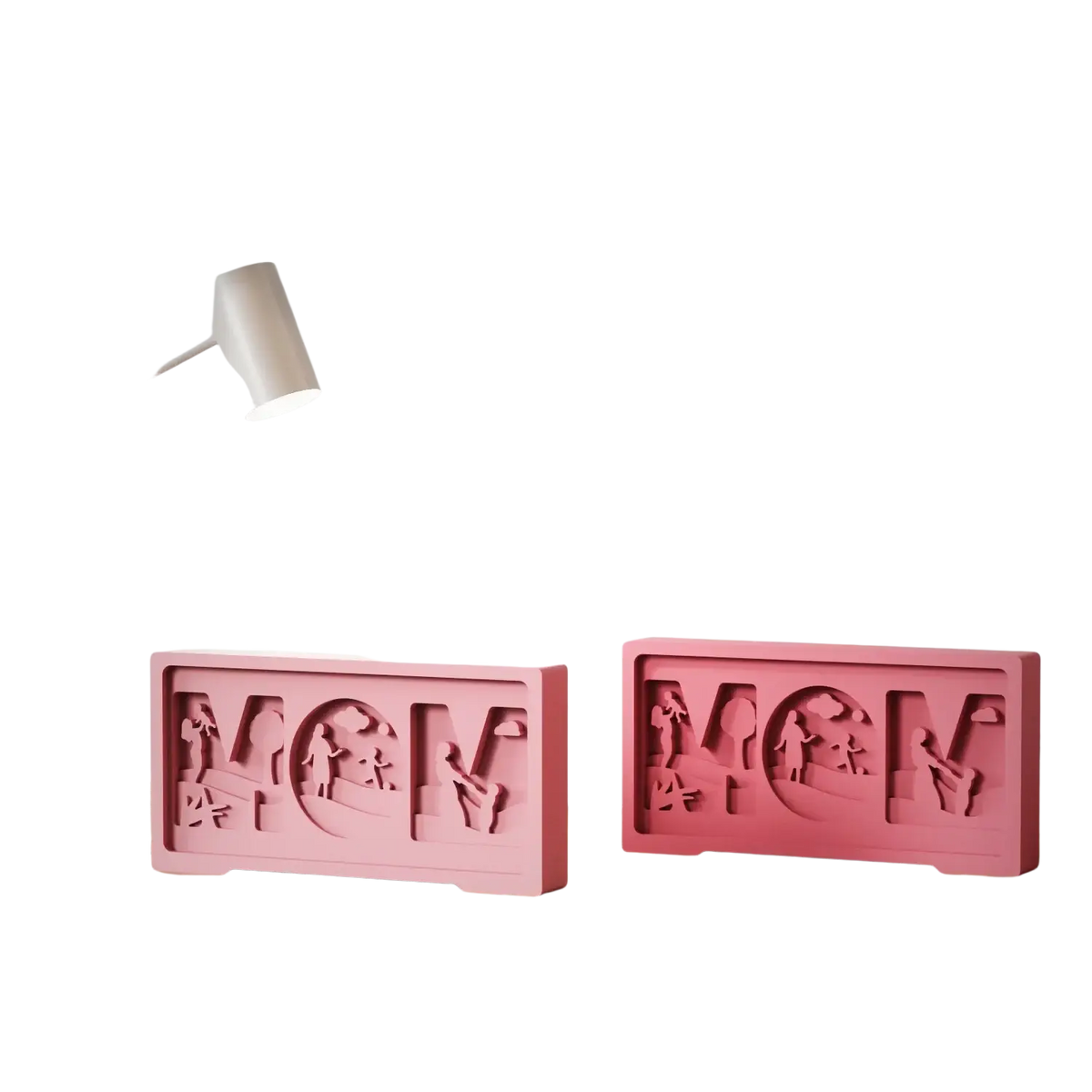 Pink rectangular mom letter silicone mold with carved mother child family scene bookends for crafting use