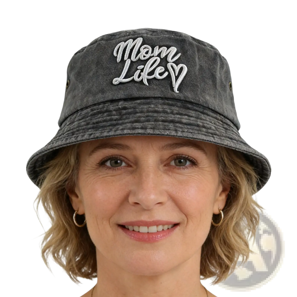 Dark gray distressed washed cotton bucket hat with embroidered mom life text and heart symbol in white cursive