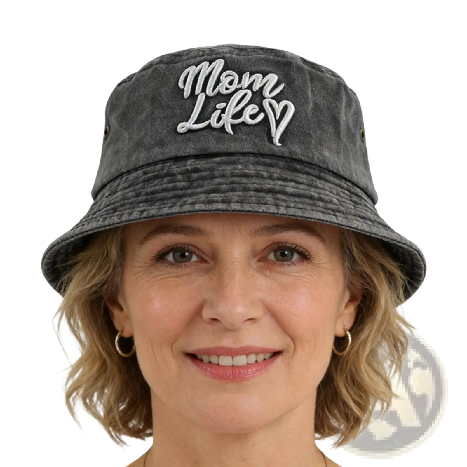 Dark gray distressed washed cotton bucket hat with embroidered mom life text and heart symbol in white cursive