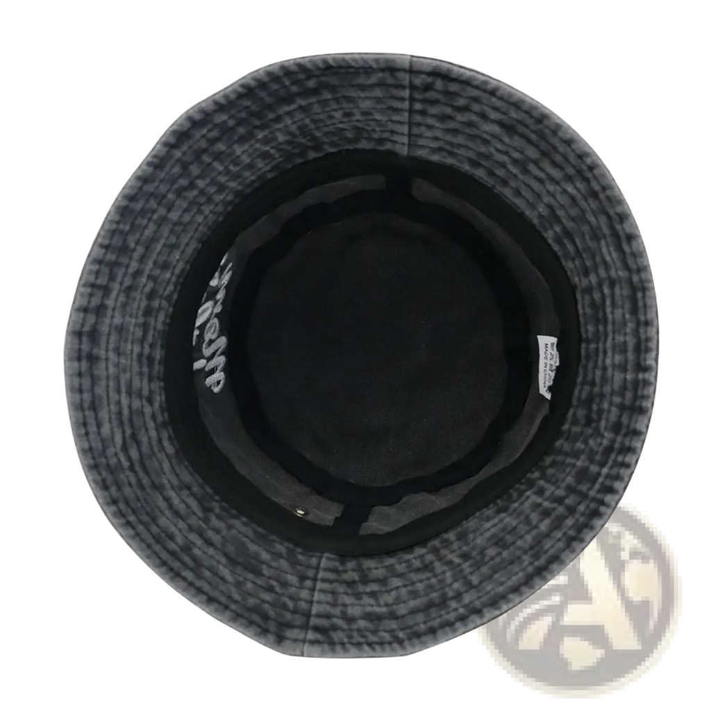 Mom life embroidered washed cotton bucket hat in dark gray with a textured exterior and black interior lining