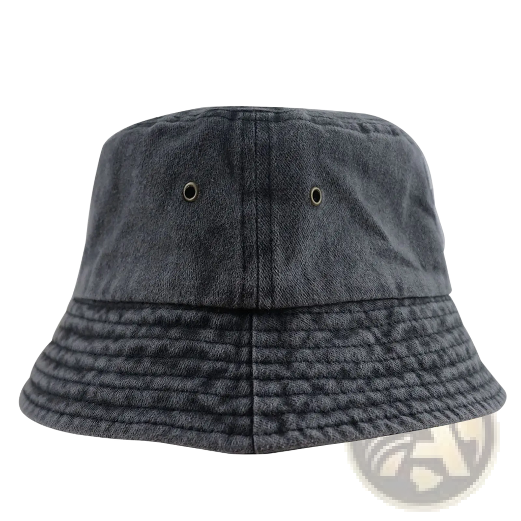 Dark gray denim mom life embroidered bucket hat with quilted brim and metal eyelets in washed cotton material