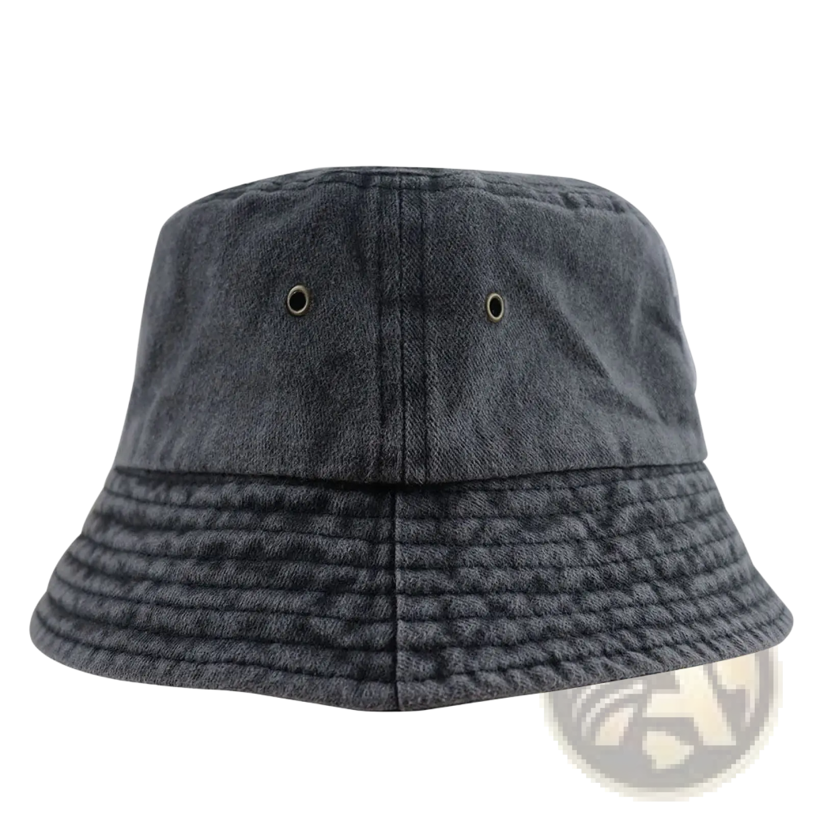 Dark gray denim mom life embroidered bucket hat with quilted brim and metal eyelets in washed cotton material