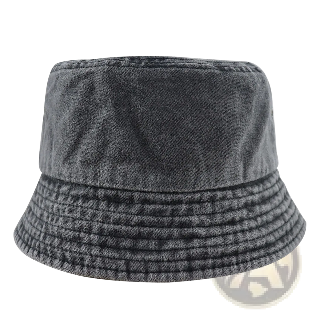 Dark gray textured denim bucket hat with faded finish and visible stitching mom life embroidered washed cotton design