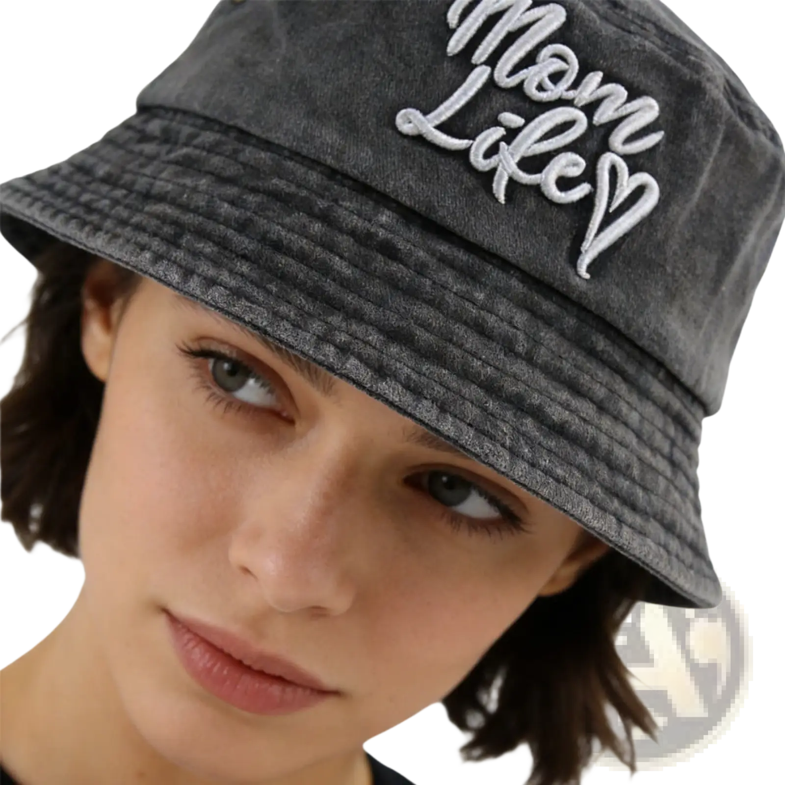 A dark gray washed cotton bucket hat with mom life embroidered in white cursive script on the front