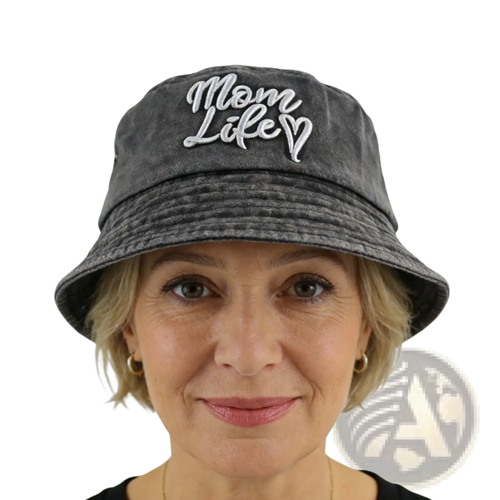 Dark gray distressed denim bucket hat made of washed cotton featuring white embroidered mom life cursive lettering