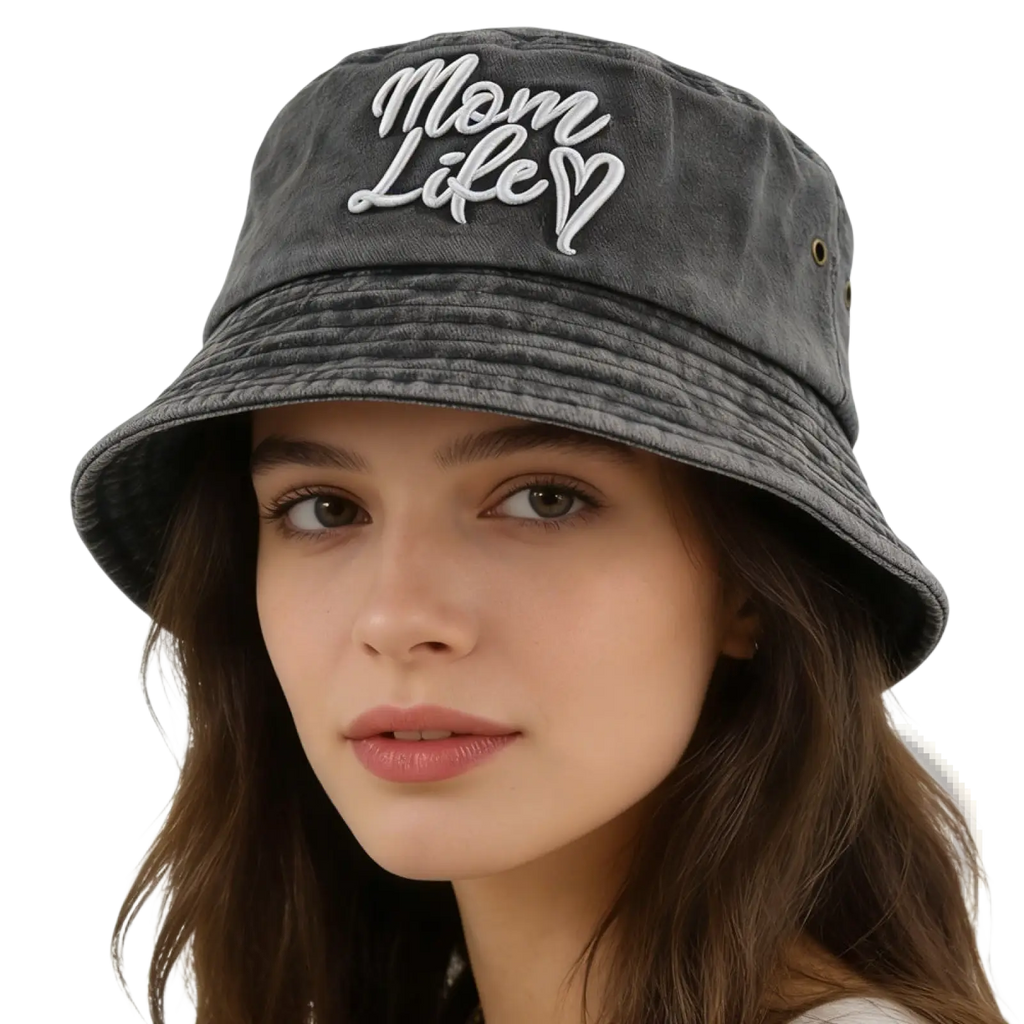 Dark gray washed cotton denim bucket hat embroidered with white mom life cursive script and a small heart symbol