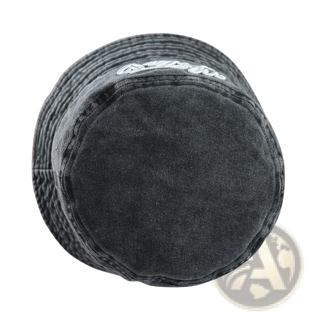A dark gray textured denim bucket hat with a white embroidered Mom Life logo made of washed cotton