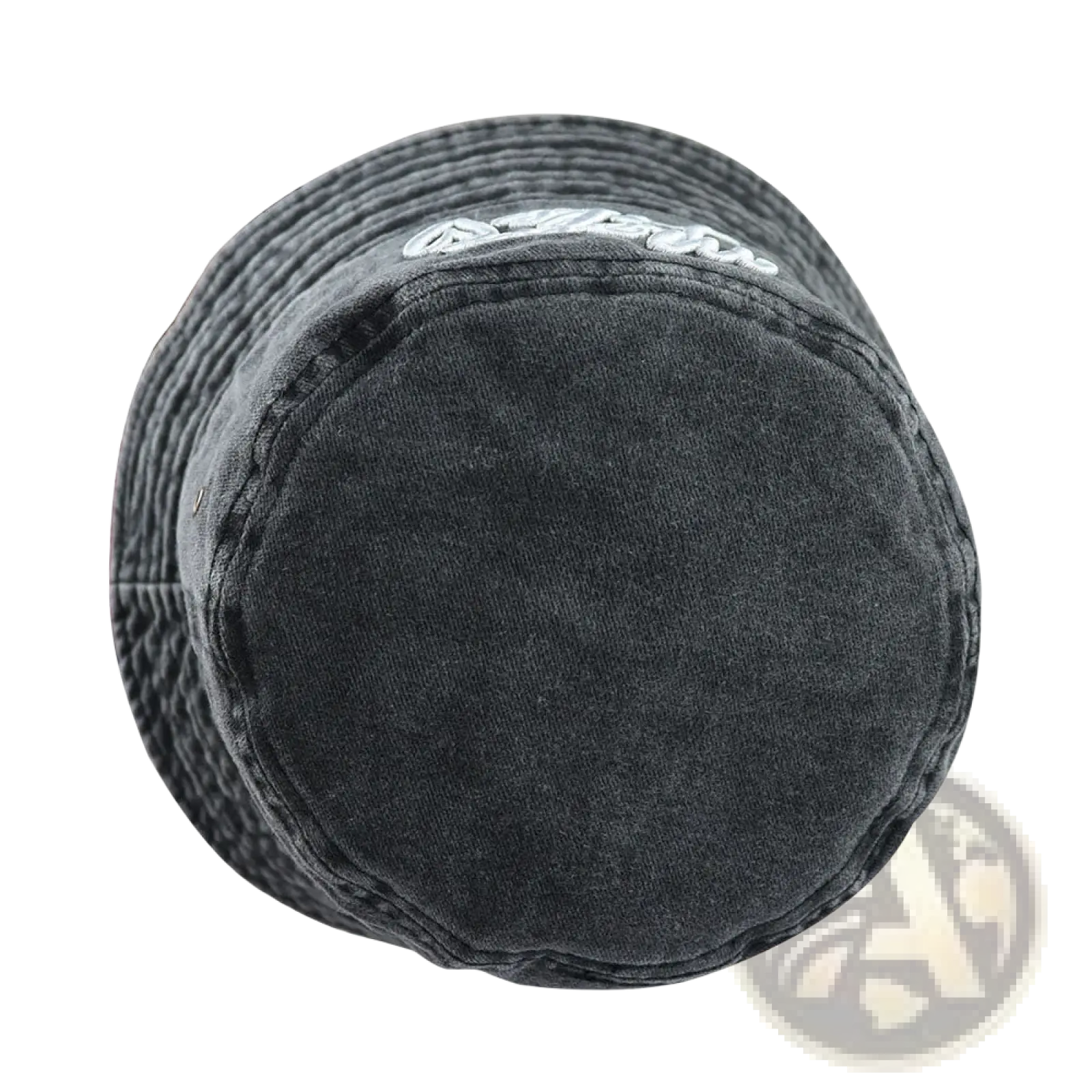 A dark gray textured denim bucket hat with a white embroidered Mom Life logo made of washed cotton