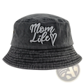 Dark gray textured denim bucket hat embroidered with mom life in light silver cursive heart symbol design