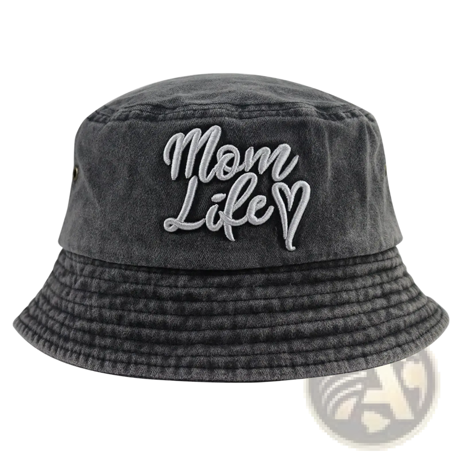Dark gray textured denim bucket hat embroidered with mom life in light silver cursive heart symbol design