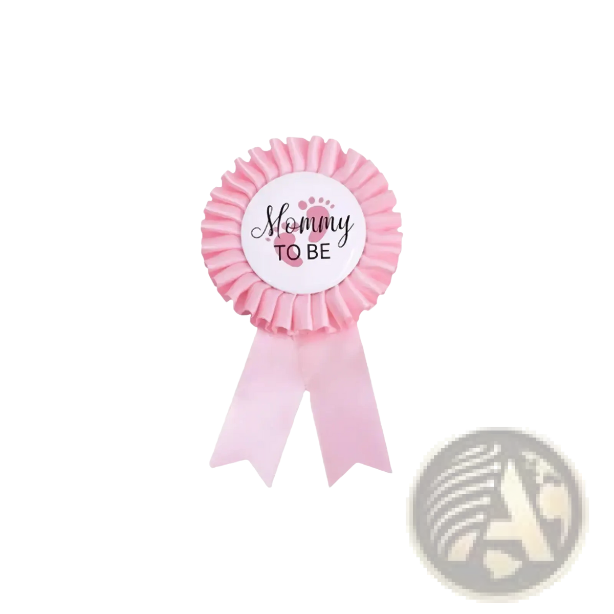 Pink mommy to be ribbon badge with ruffled edges and black cursive text for mom to be sash and badge gender reveal kit