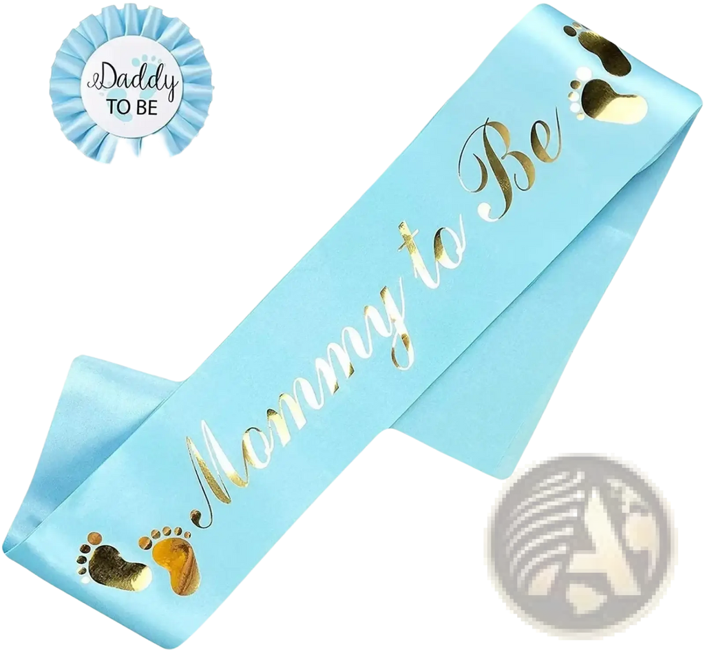 Light blue satin mom to be sash with gold foil lettering and decorative gold footprints for gender reveal kit