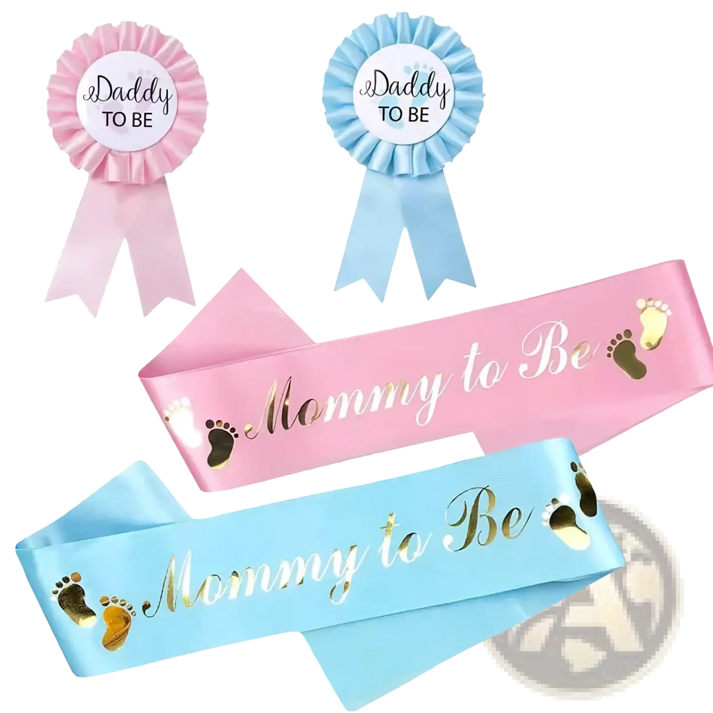 Pink and blue satin mom to be and daddy to be sashes with gold foil text and golden footprints for gender reveal kit