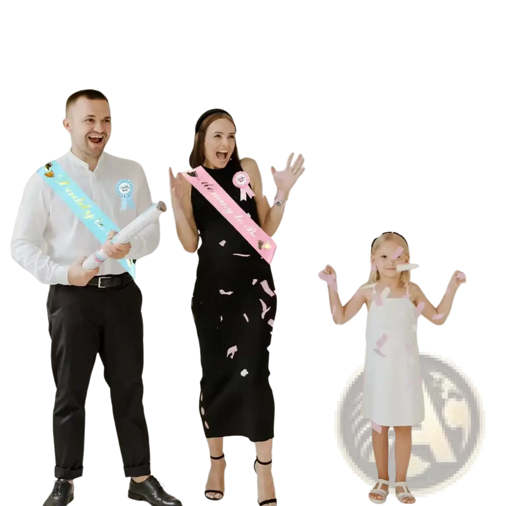 Pink mommy to be sash with gold trim and pink ribbon bow for gender reveal kit celebration accessory