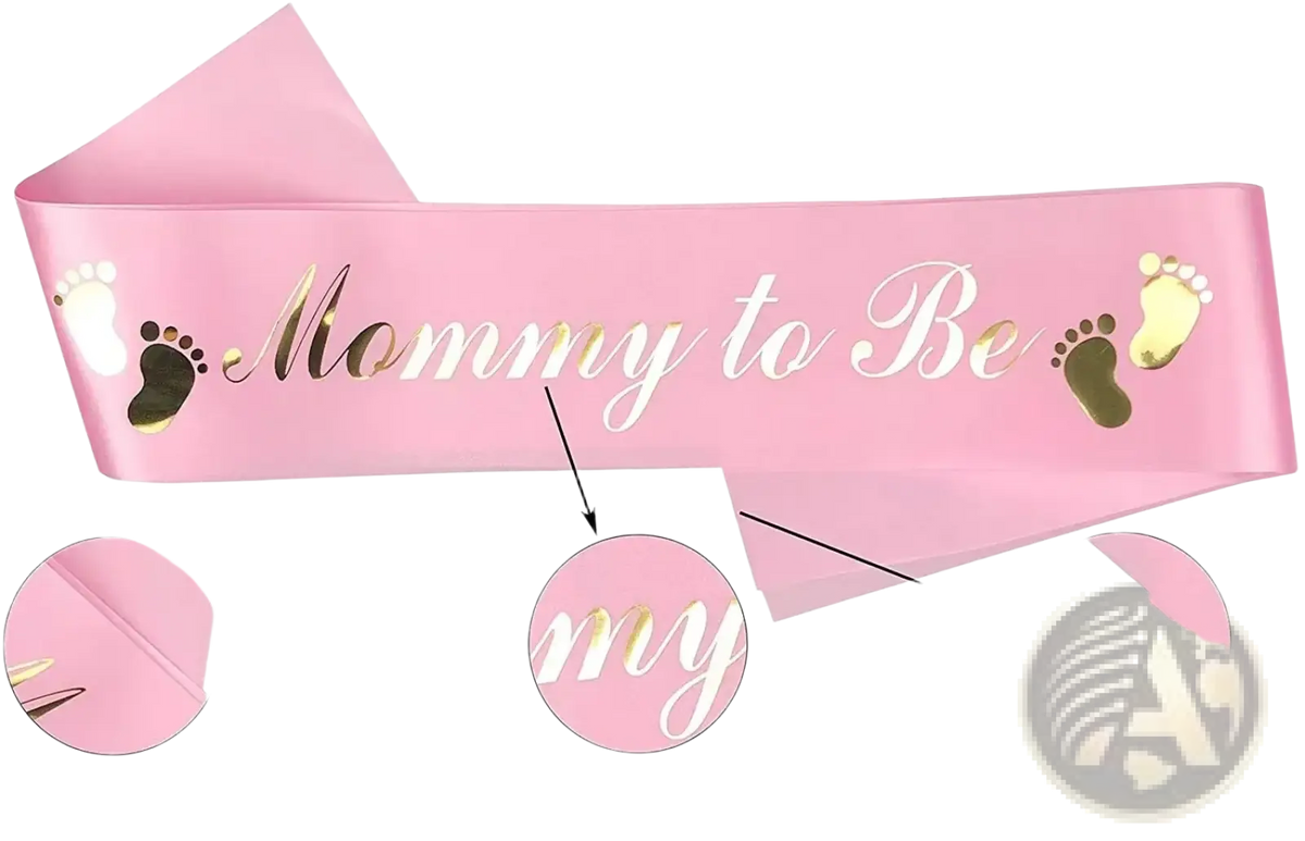 Pink satin mom to be sash with gold foil lettering and footprints for gender reveal kit celebration