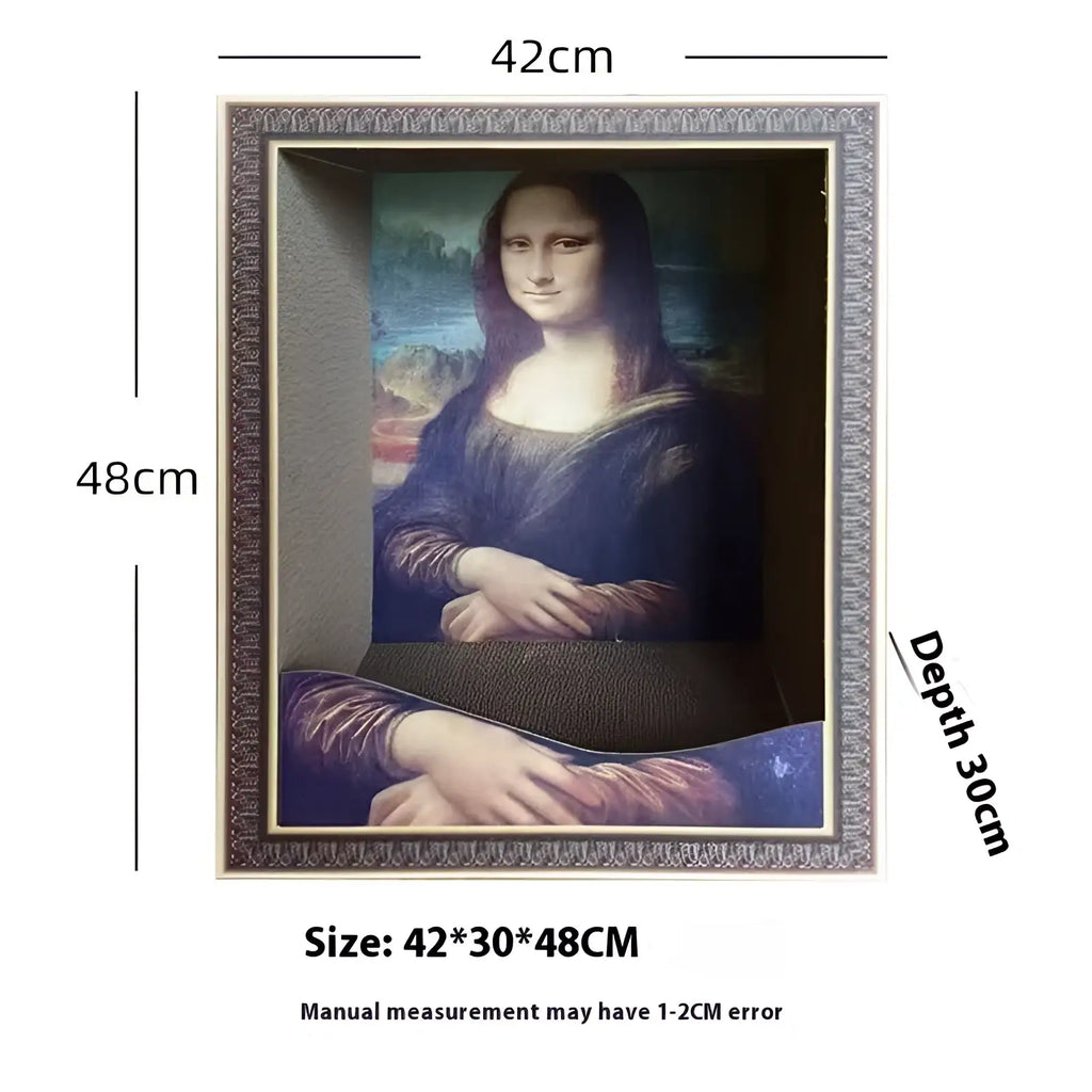 A mona lisa cat nest scratching board featuring a detailed portrait with a dark blue garment in an ornate silver frame