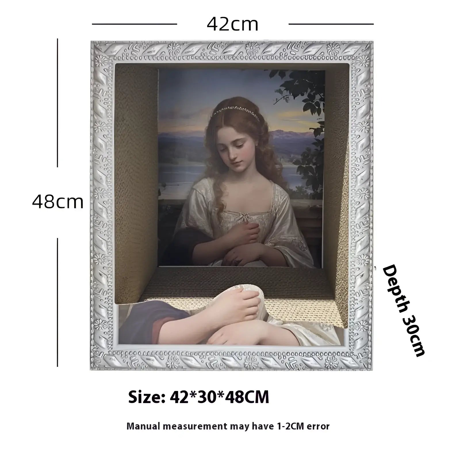 Silver ornate picture frame cat nest scratching board with intricate floral scrollwork and classical woman painting