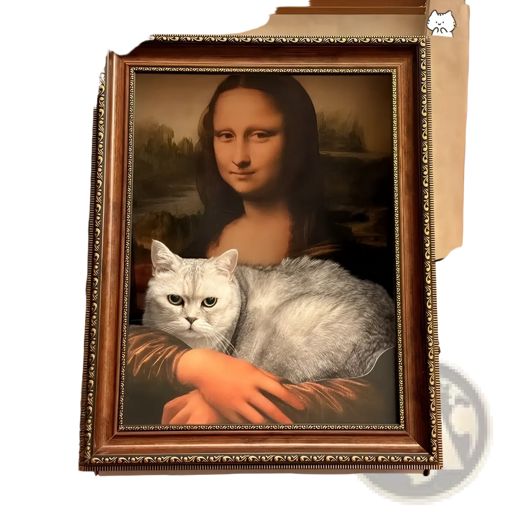 Framed monda lisa cat nest scratching board with silver tabby cat and ornate gold-toned picture frame
