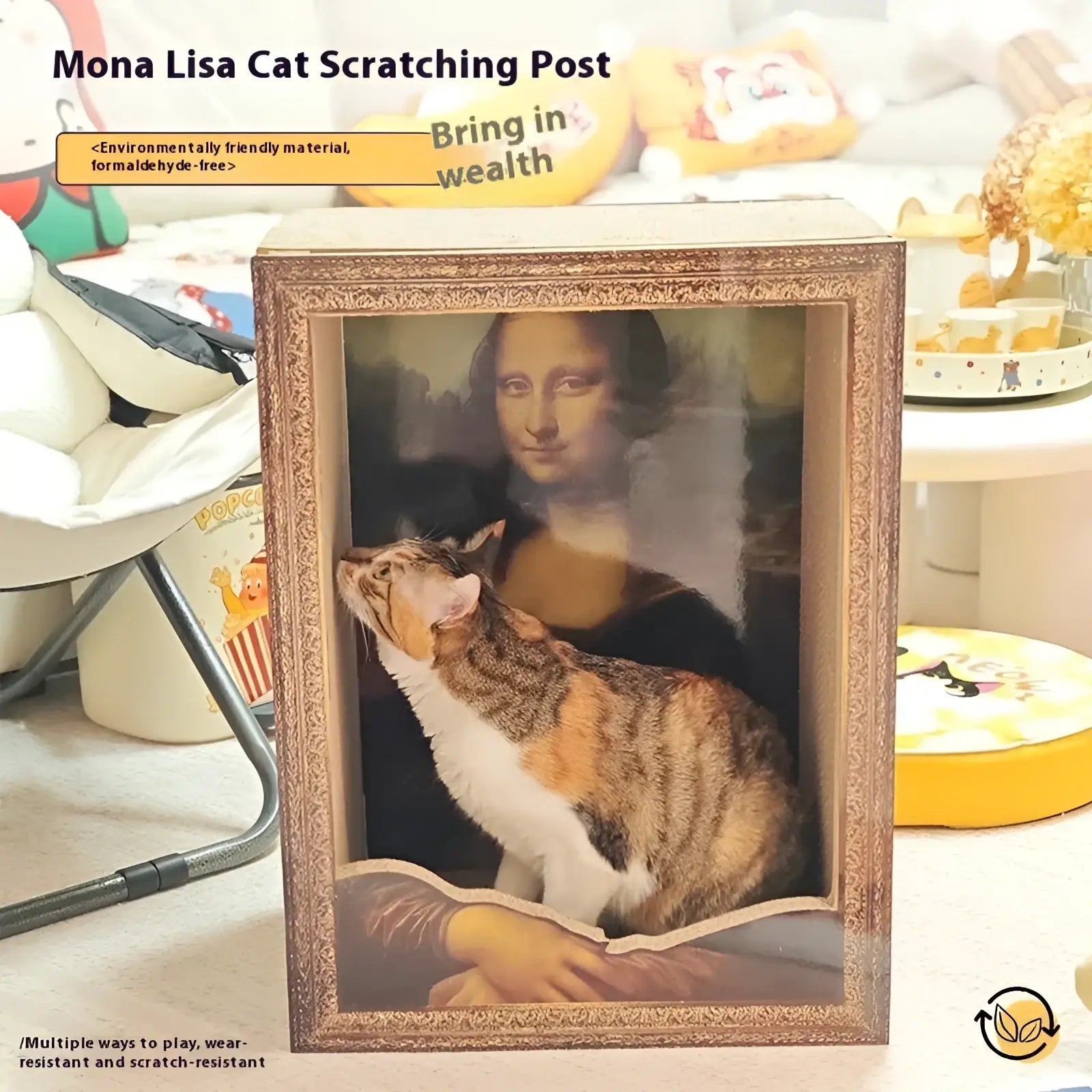 A calico cat playing in front of a framed Mona Lisa cat nest scratching board with ornate brown frame