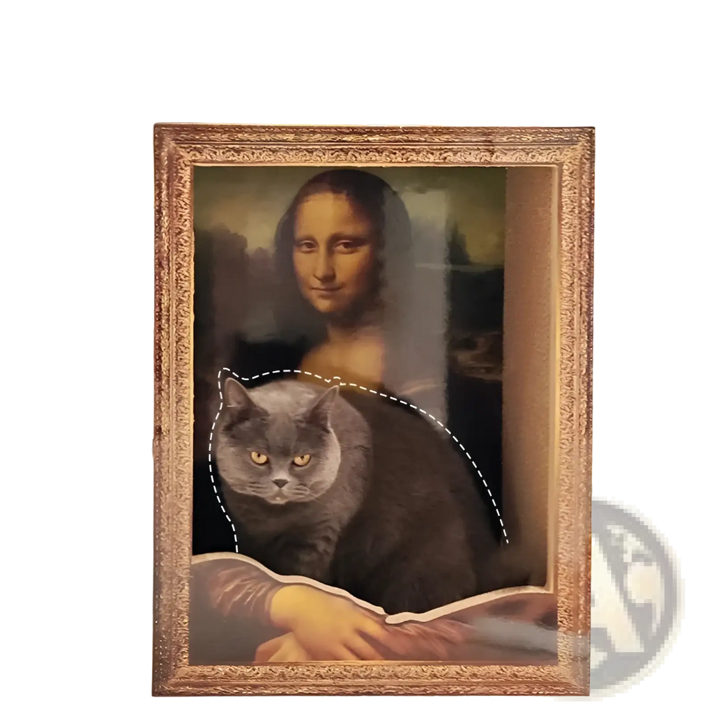 Gray british shorthair cat nestled inside a mona lisa cat nest scratching board with ornate gold frame