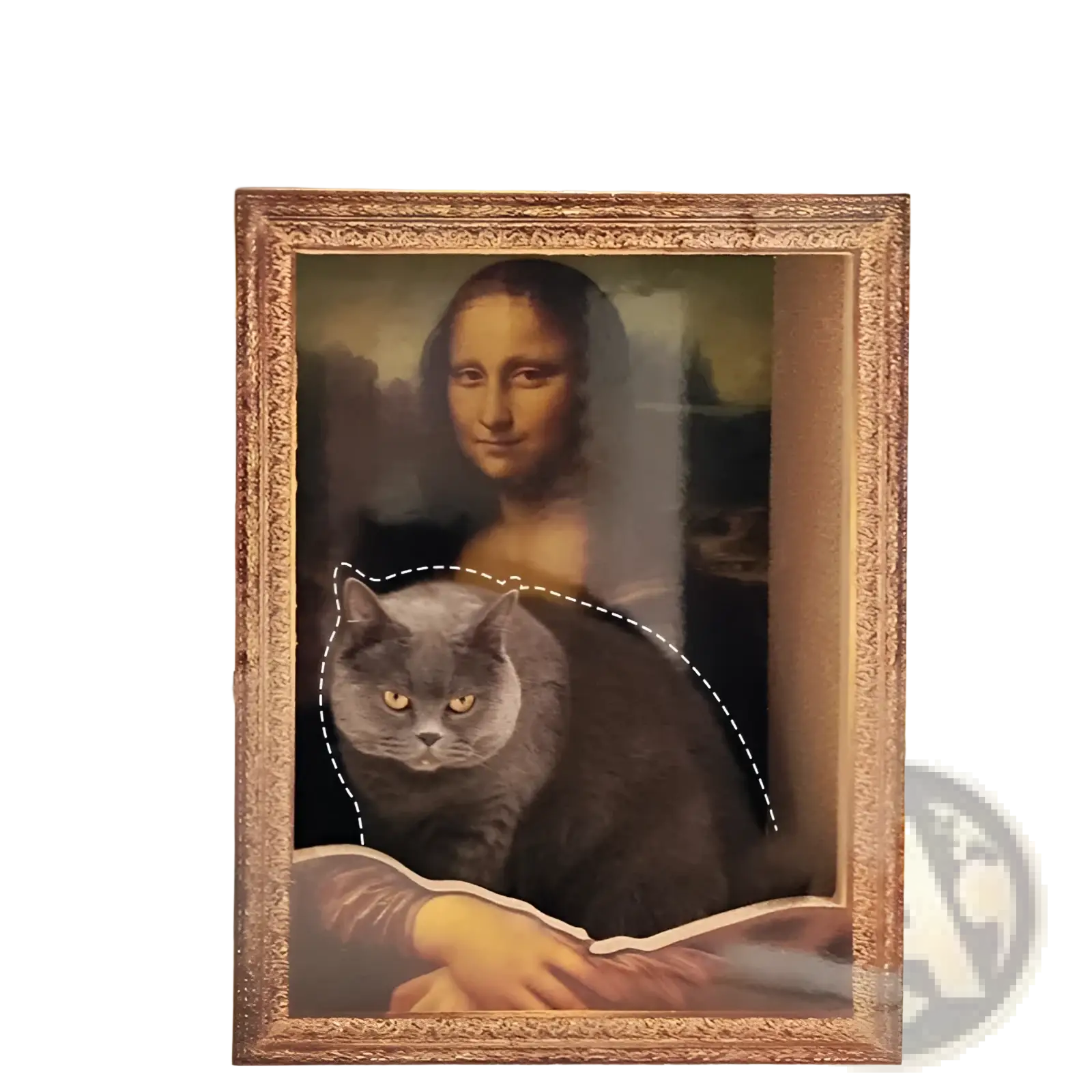 Gray british shorthair cat nestled inside a mona lisa cat nest scratching board with ornate gold frame