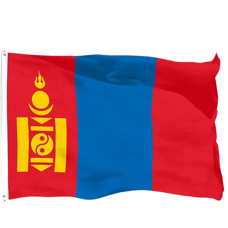 Mongolia flag polyester banner 3x5 ft in red and blue with golden emblem and traditional symbols on the left side