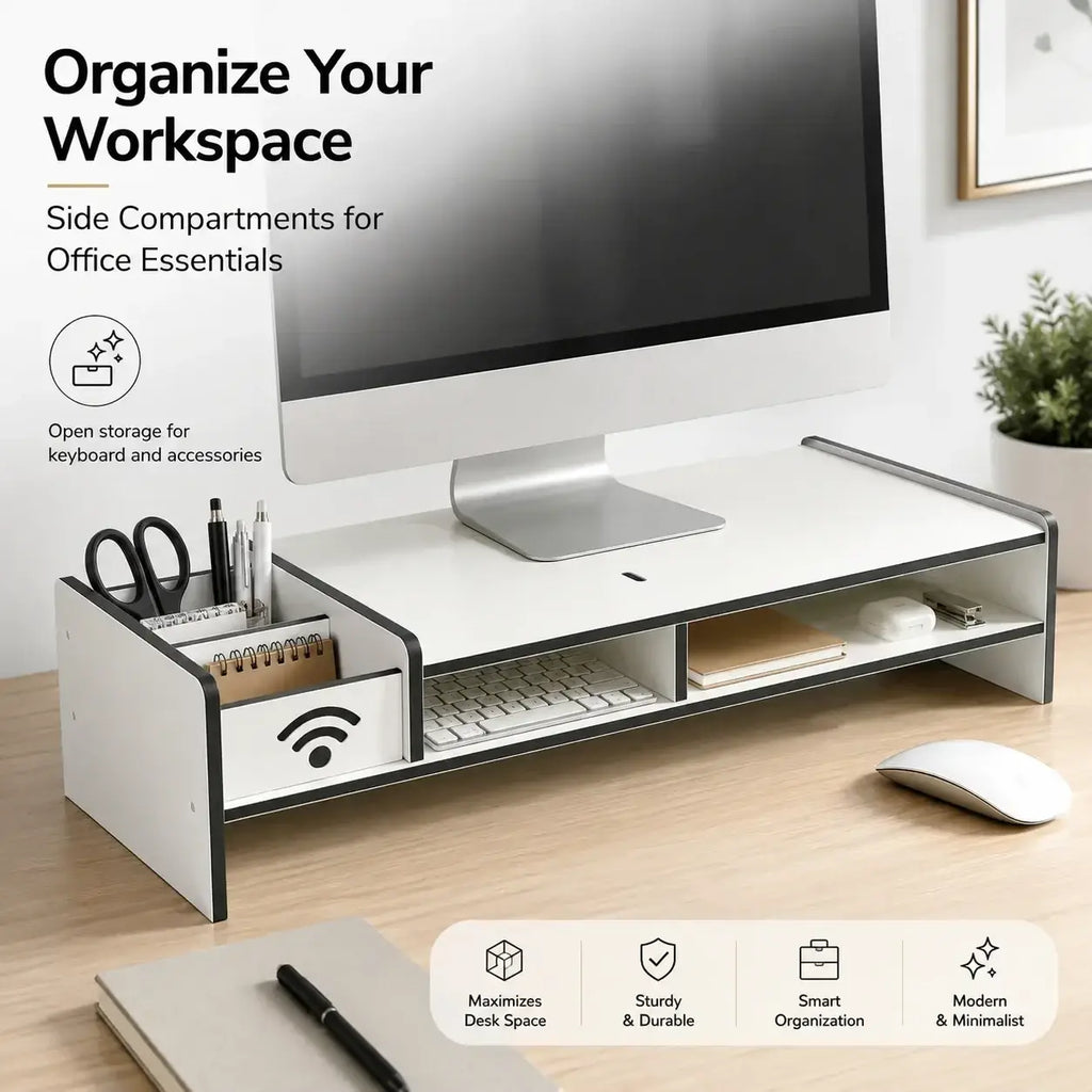 White and black monitor stand with drawer and adjustable length side compartments for office essentials made in mainland china