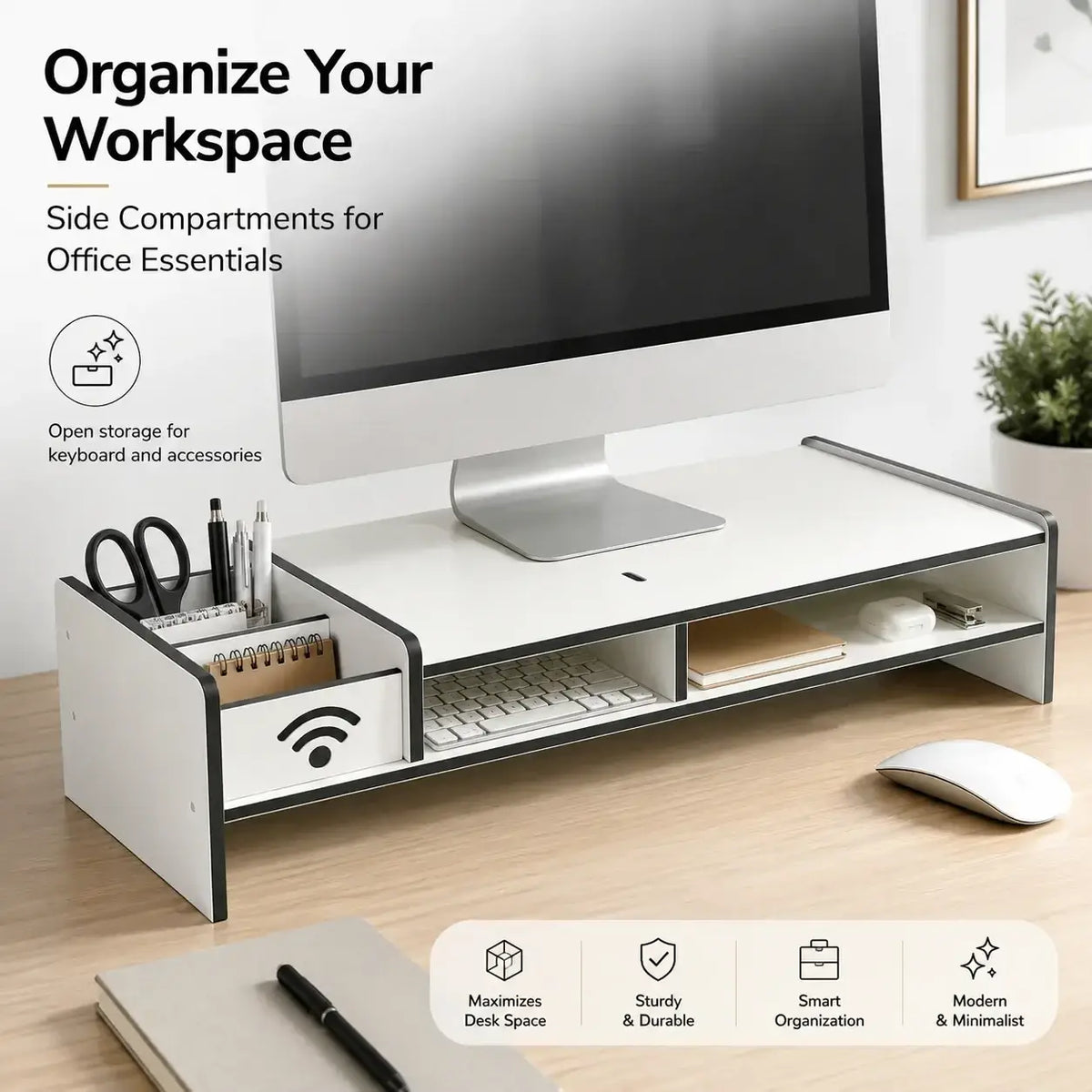 White and black monitor stand with drawer and adjustable length side compartments for office essentials made in mainland china