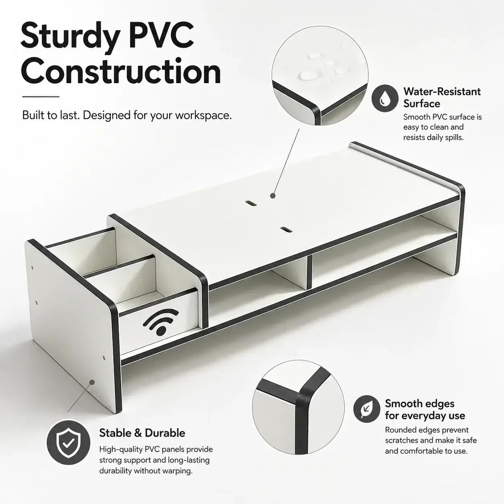 White and black pvc monitor stand with drawer and wifi symbol design adjustable length made in mainland china