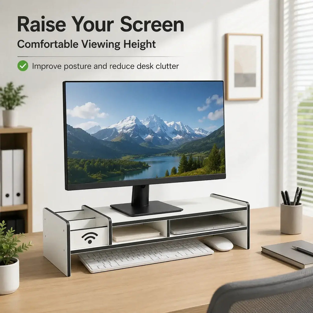 White monitor stand with drawer and black wireless symbol accents featuring adjustable length made in mainland China