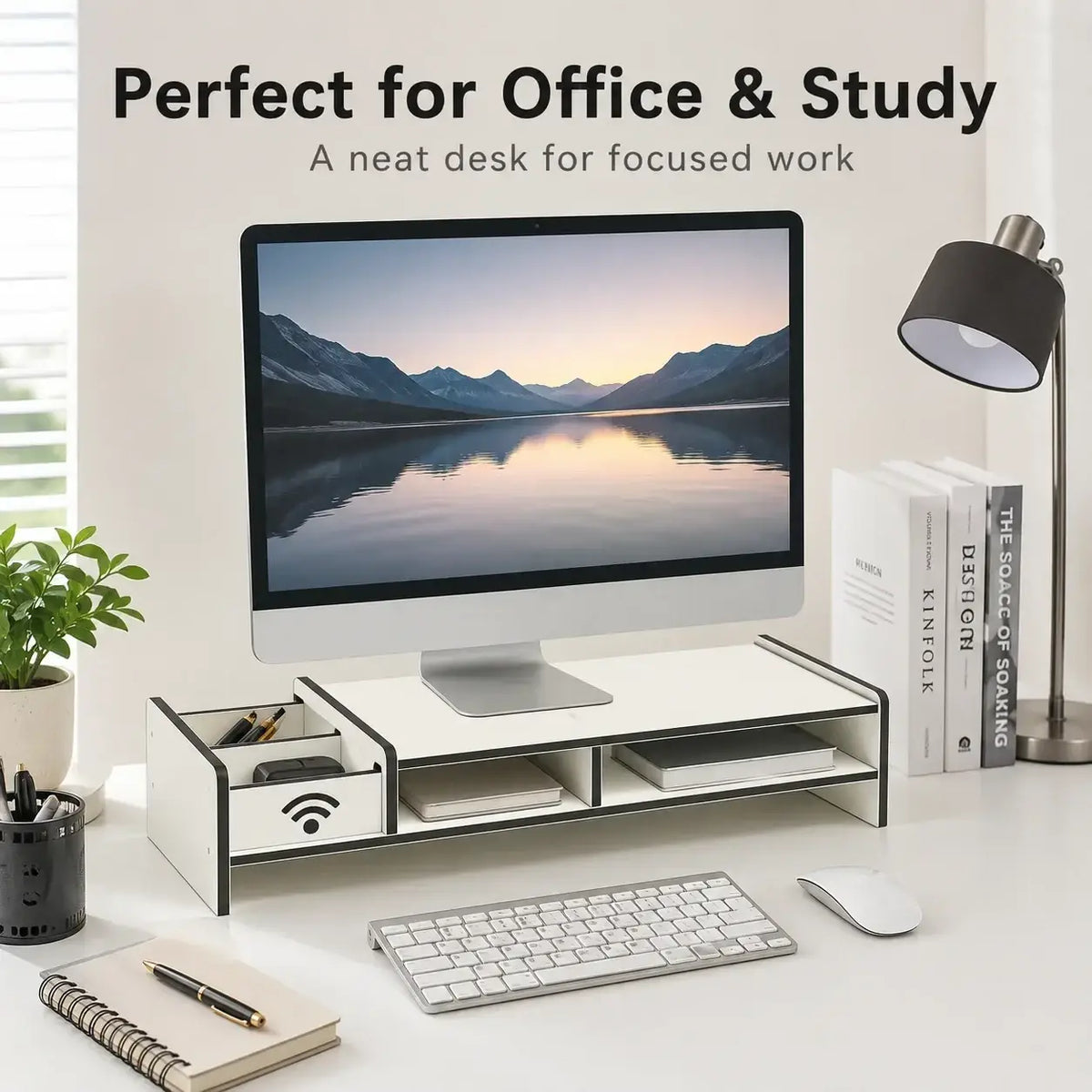 White desk organizer monitor stand with drawer black trim wireless symbol adjustable length made in mainland china