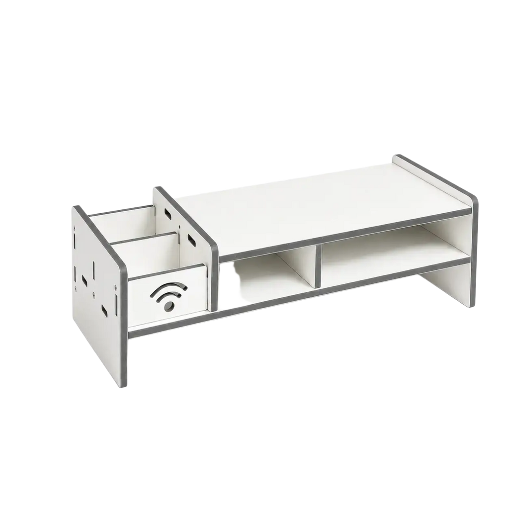 White and gray compact monitor stand with drawer and wireless signal icon, featuring adjustable length from mainland China