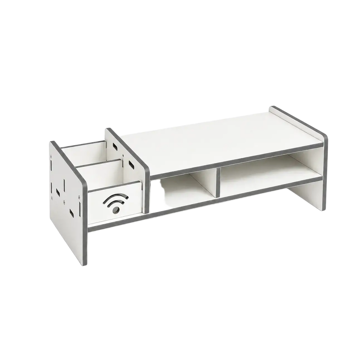 White and gray compact monitor stand with drawer and wireless signal icon, featuring adjustable length from mainland China