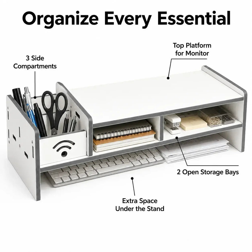 White and gray monitor stand with drawer and adjustable length storage compartments for office supplies from mainland china