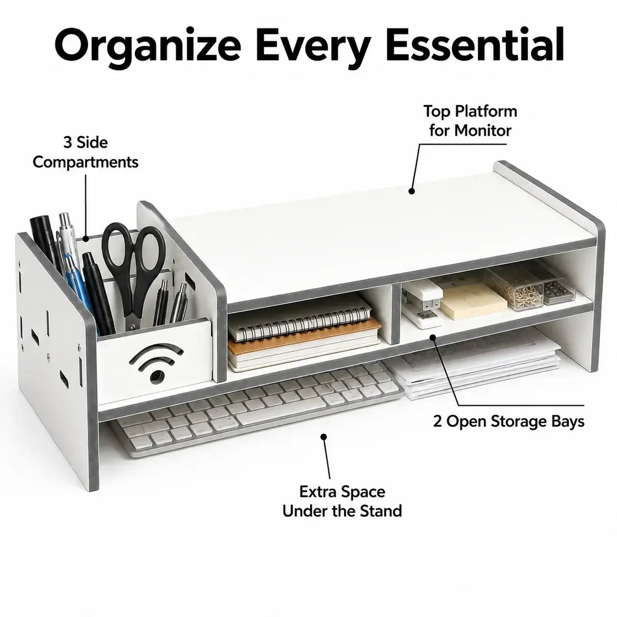 White and gray monitor stand with drawer and adjustable length storage compartments for office supplies from mainland china